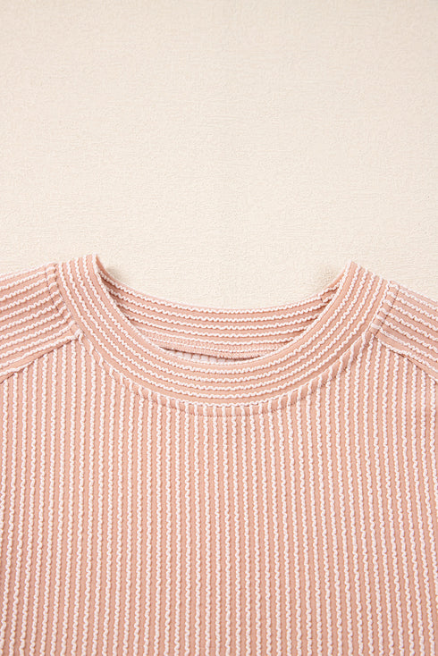 Solid Corded Knit Short Sleeve Wide Leg Pant Set