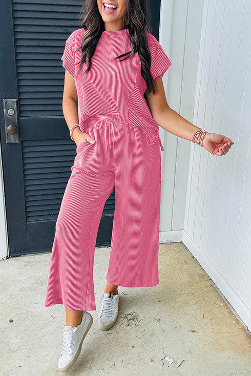 Solid Corded Knit Short Sleeve Wide Leg Pant Set
