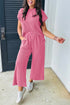 Solid Corded Knit Short Sleeve Wide Leg Pant Set