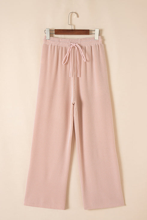 Solid Corded Knit Short Sleeve Wide Leg Pant Set