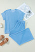 Solid Corded Knit Short Sleeve Wide Leg Pant Set