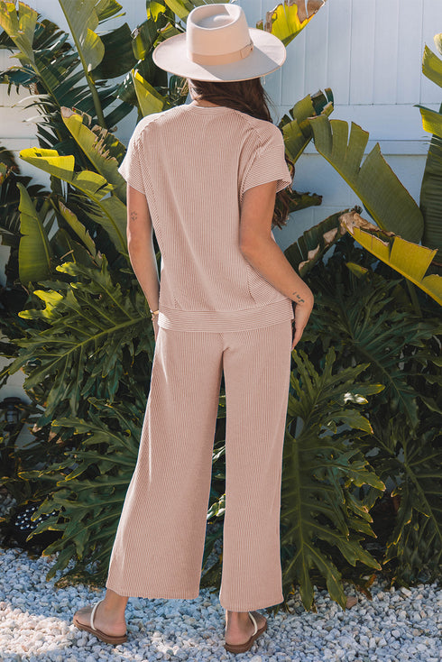 Solid Corded Knit Short Sleeve Wide Leg Pant Set