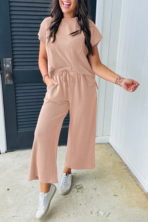 Solid Corded Knit Short Sleeve Wide Leg Pant Set