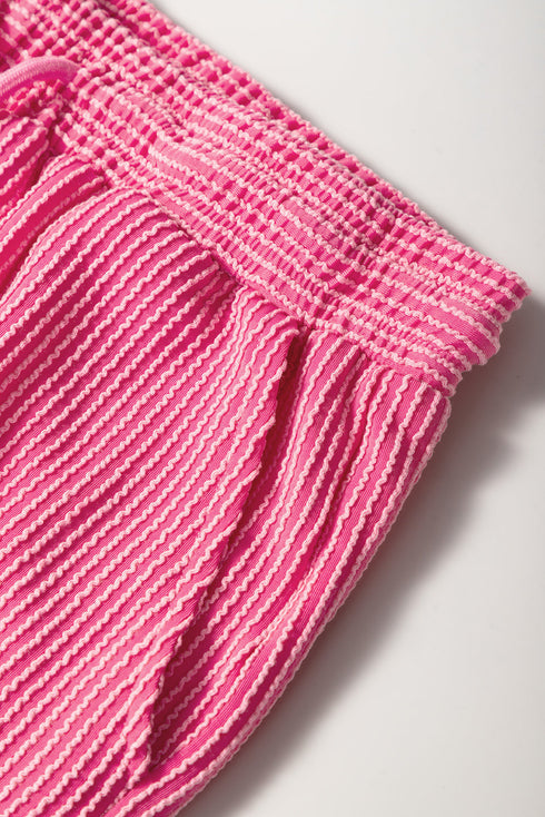 Solid Corded Knit Short Sleeve Wide Leg Pant Set