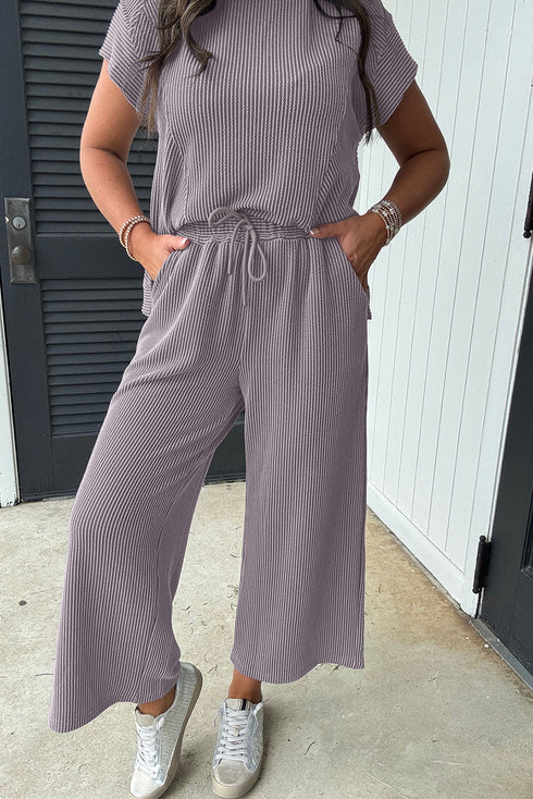 Solid Corded Knit Short Sleeve Wide Leg Pant Set