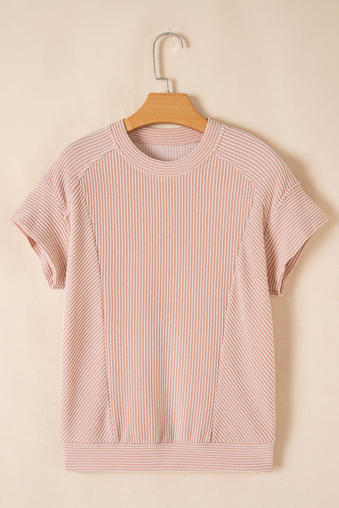 Solid Corded Knit Short Sleeve Wide Leg Pant Set