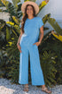 Solid Corded Knit Short Sleeve Wide Leg Pant Set