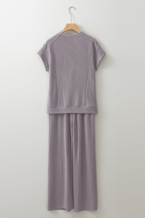 Solid Corded Knit Short Sleeve Wide Leg Pant Set