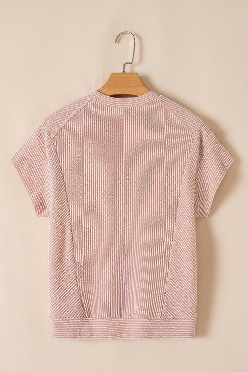 Solid Corded Knit Short Sleeve Wide Leg Pant Set