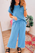 Solid Corded Knit Short Sleeve Wide Leg Pant Set