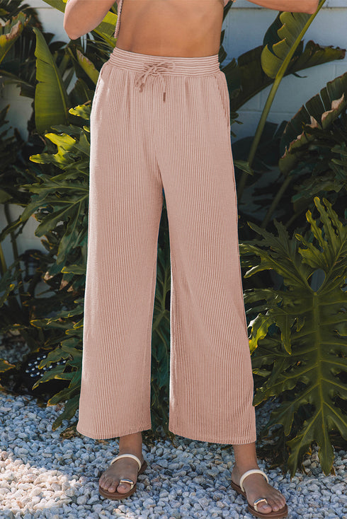 Solid Corded Knit Short Sleeve Wide Leg Pant Set