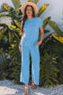 Solid Corded Knit Short Sleeve Wide Leg Pant Set