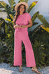 Solid Corded Knit Short Sleeve Wide Leg Pant Set