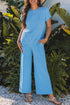 Solid Corded Knit Short Sleeve Wide Leg Pant Set