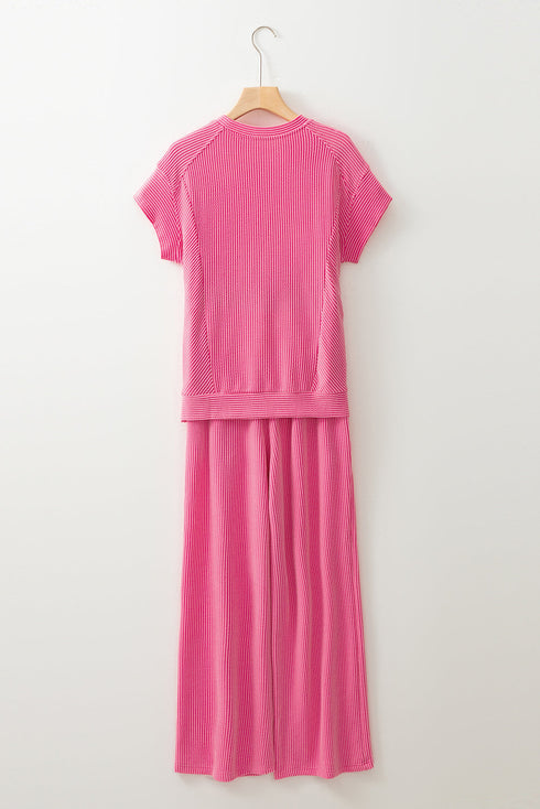 Solid Corded Knit Short Sleeve Wide Leg Pant Set
