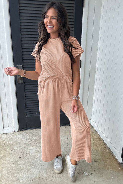 Solid Corded Knit Short Sleeve Wide Leg Pant Set