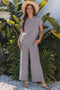 Solid Corded Knit Short Sleeve Wide Leg Pant Set