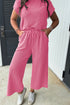 Solid Corded Knit Short Sleeve Wide Leg Pant Set