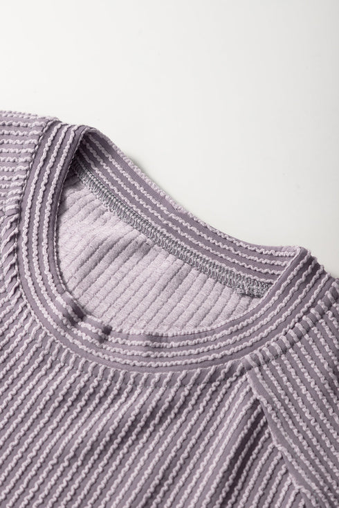 Solid Corded Knit Short Sleeve Wide Leg Pant Set