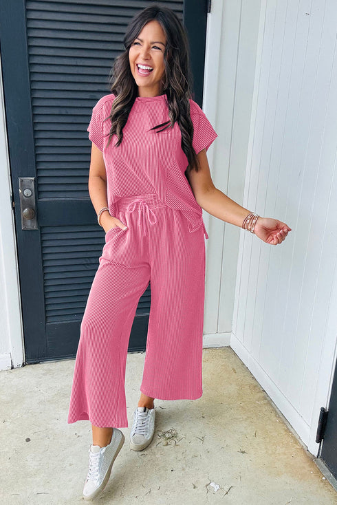 Solid Corded Knit Short Sleeve Wide Leg Pant Set