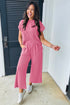 Solid Corded Knit Short Sleeve Wide Leg Pant Set