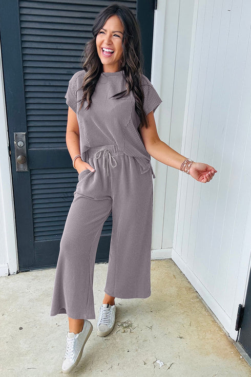 Solid Corded Knit Short Sleeve Wide Leg Pant Set