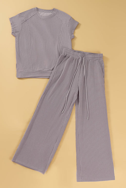 Solid Corded Knit Short Sleeve Wide Leg Pant Set