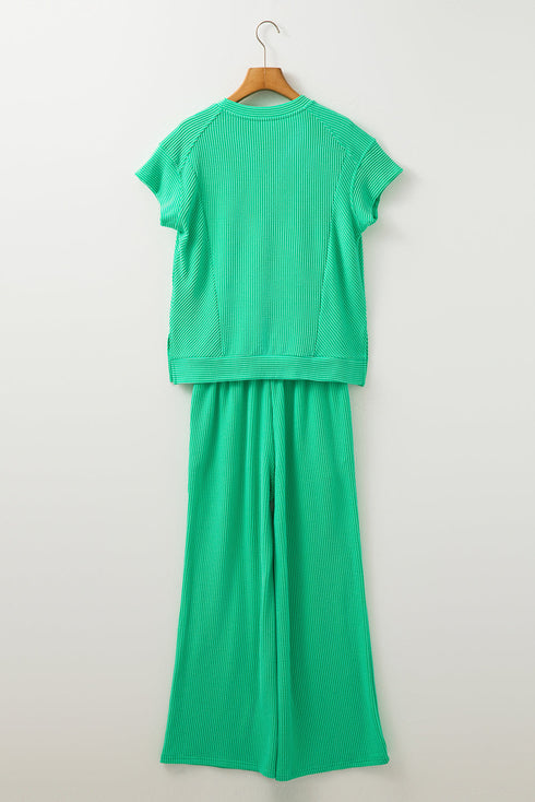 Solid Corded Knit Short Sleeve Wide Leg Pant Set