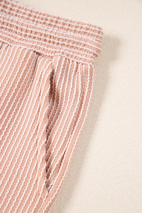 Solid Corded Knit Short Sleeve Wide Leg Pant Set