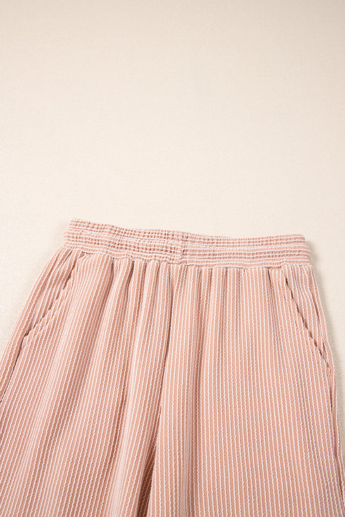 Solid Corded Knit Short Sleeve Wide Leg Pant Set