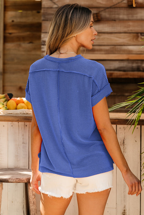 Solid Corded Textured Knit Exposed Stitching T-shirt