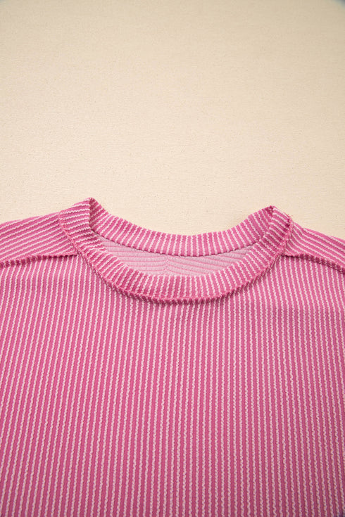 Solid Corded Textured Knit Exposed Stitching T-shirt