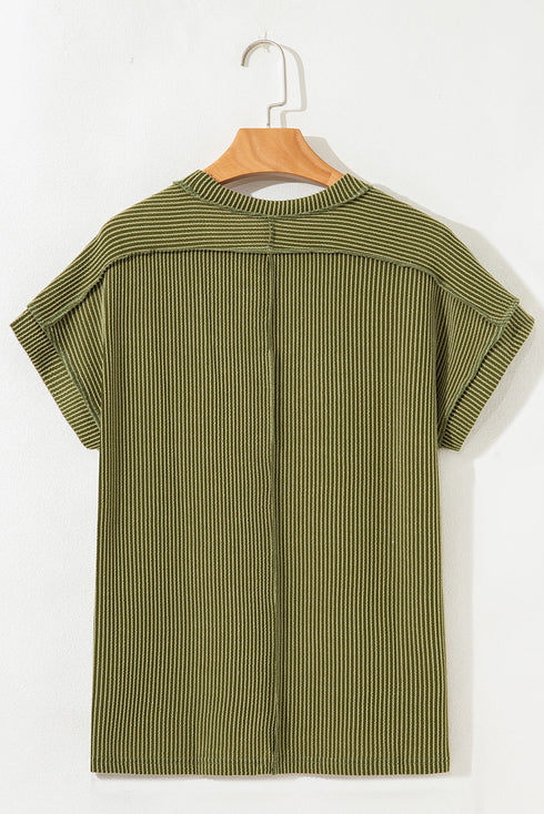 Solid Corded Textured Knit Exposed Stitching T-shirt