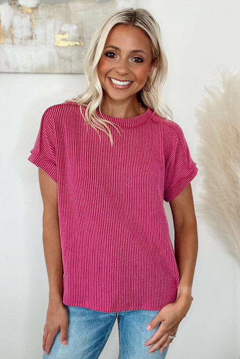 Solid Corded Textured Knit Exposed Stitching T-shirt