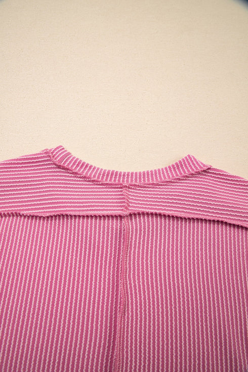 Solid Corded Textured Knit Exposed Stitching T-shirt