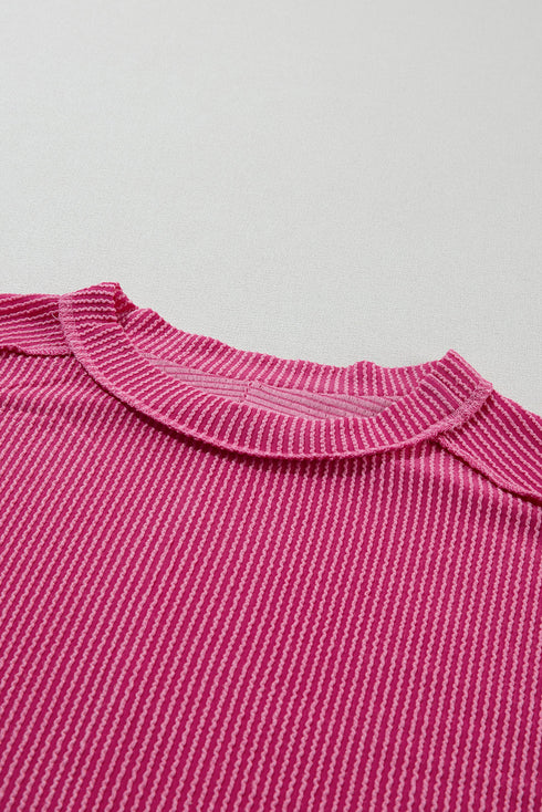Solid Corded Textured Knit Exposed Stitching T-shirt