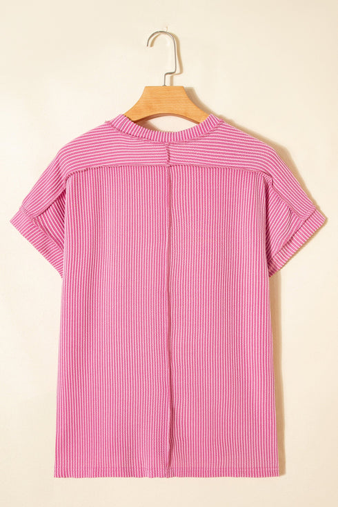 Solid Corded Textured Knit Exposed Stitching T-shirt