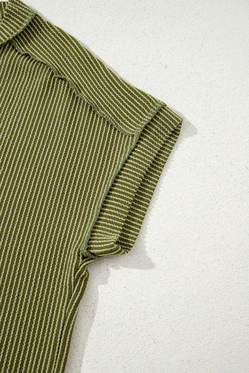 Solid Corded Textured Knit Exposed Stitching T-shirt
