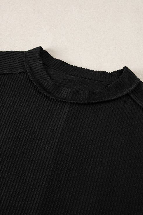 Solid Corded Textured Knit Exposed Stitching T-shirt
