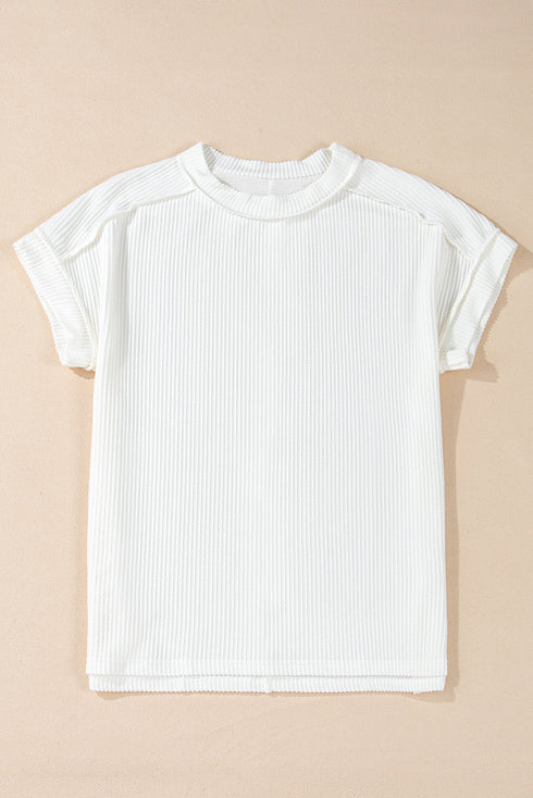 Solid Corded Textured Knit Exposed Stitching T-shirt