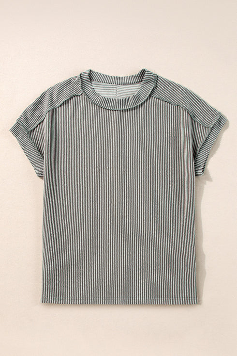 Solid Corded Textured Knit Exposed Stitching T-shirt