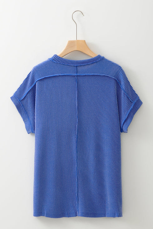 Solid Corded Textured Knit Exposed Stitching T-shirt