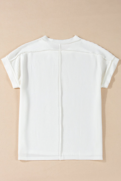 Solid Corded Textured Knit Exposed Stitching T-shirt