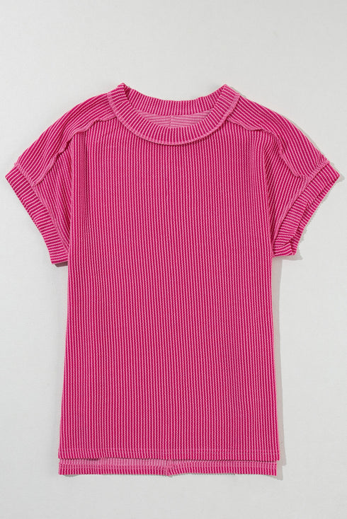 Solid Corded Textured Knit Exposed Stitching T-shirt