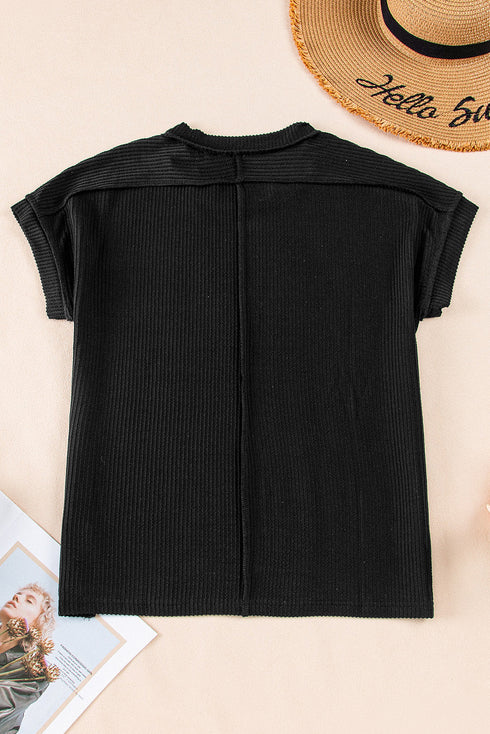 Solid Corded Textured Knit Exposed Stitching T-shirt