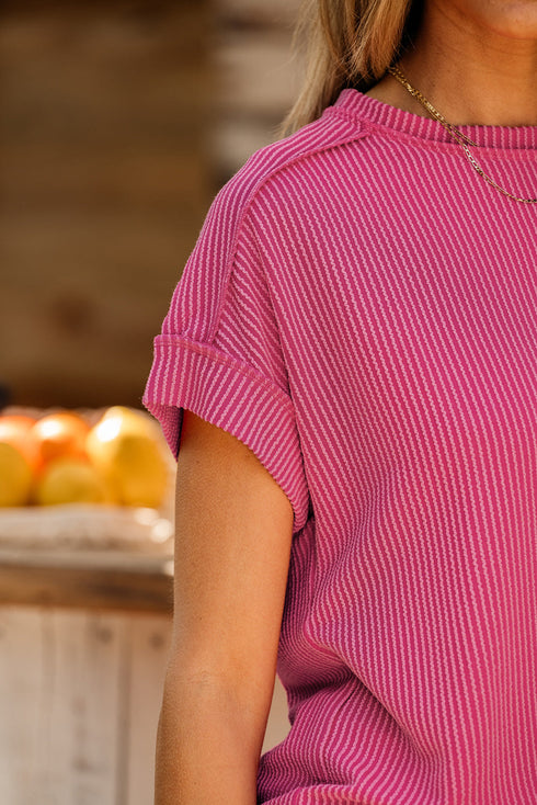 Solid Corded Textured Knit Exposed Stitching T-shirt