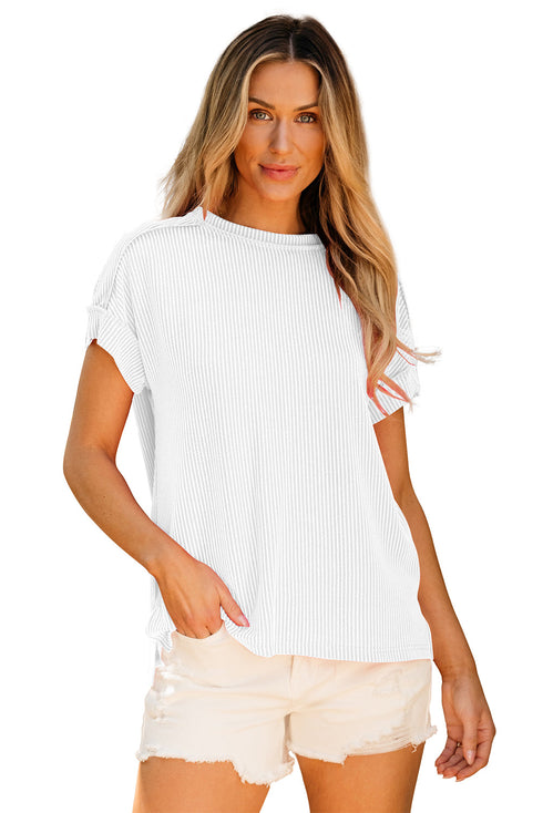 Solid Corded Textured Knit Exposed Stitching T-shirt