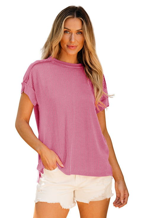 Solid Corded Textured Knit Exposed Stitching T-shirt