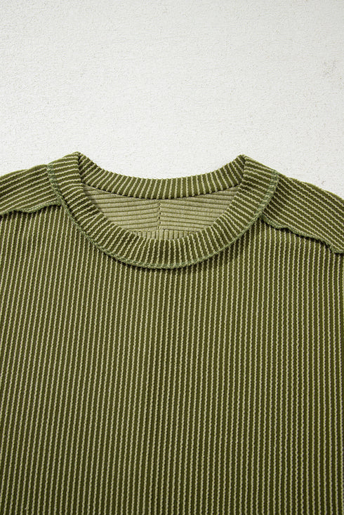 Solid Corded Textured Knit Exposed Stitching T-shirt