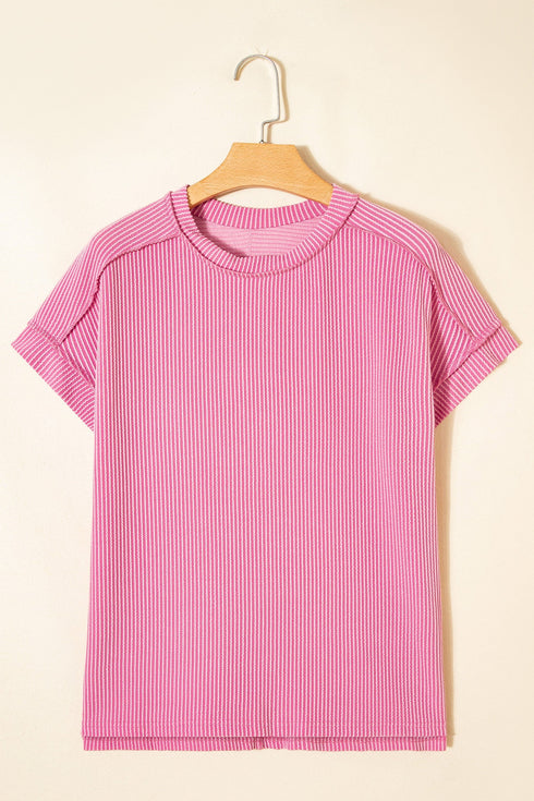 Solid Corded Textured Knit Exposed Stitching T-shirt